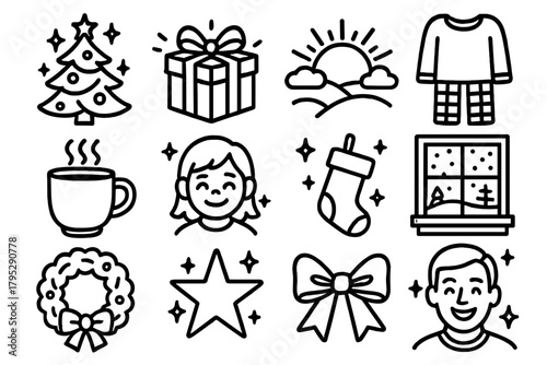 Christmas Morning Icons. Christmas Morning Joy linear icons: glowing tree, wrapped gifts, sunrise light, cozy pajamas, steaming cocoa, smiling faces, stockings, snow outside window.