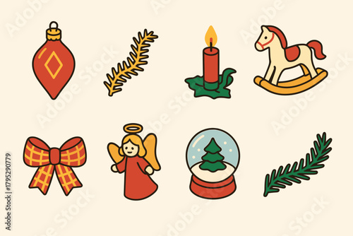 Vintage Christmas Icon Set. Christmas Vintage Decorations flat icons: glass ornaments, tinsel, candle clips, rocking horse, plaid ribbon, angel figurine, snow globe, pine garland.