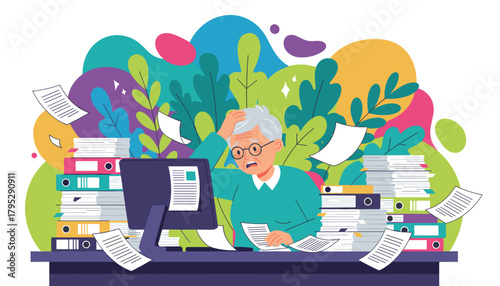 Stressed senior overwhelmed by mountains of paperwork folders and documents in a chaotic office