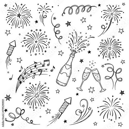 New Year Fireworks Vector Set: Hand Drawn Background with Sparklers, Firecrackers and Confetti for Celebrations Illustration