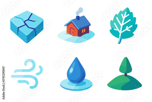 Isometric Winter Icons. Peaceful Chill flat icons: cracked ice, distant cabin, frosty leaf, misty air, frozen droplet, quiet hill.