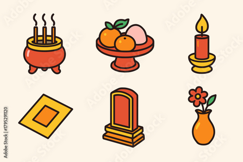 Chinese New Year Icons. Chinese New Year Tribute Ritual flat icons: incense stand, offering tray, candlelight, gold paper, ancestral tablet, flower vase.