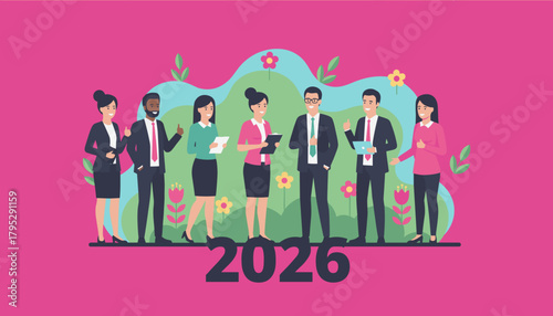 Diverse business team celebrating success planning goals for 2026 Professional vector illustration