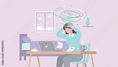 Overwhelmed remote worker with spinning head experiencing stress burnout and mental pressure