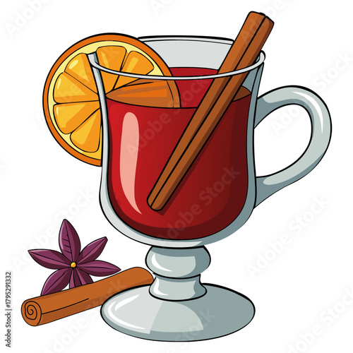 Vector illustration of a glass of mulled wine (gluhwein) with orange slice, cinnamon stick, and star anise spice, a popular winter and Christmas drink.