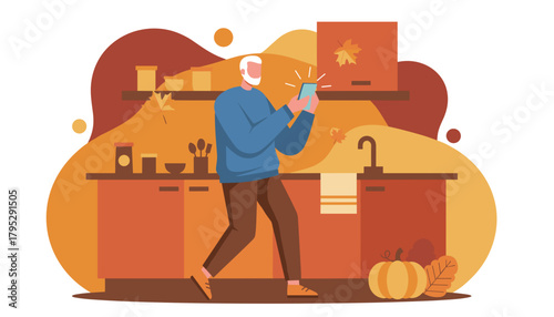 Senior man using smartphone in an autumn kitchen Home technology and cozy fall lifestyle