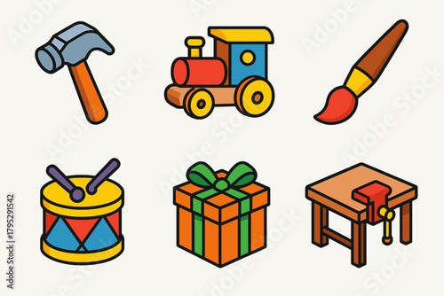 Elf Workshop Icons. Toy Workshop Elves flat icons: hammer, wooden train, paintbrush, toy drum, gift box, workbench.