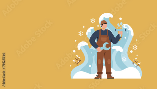 Plumber fixing a burst water pipe emergency during winter weather Home maintenance service concept