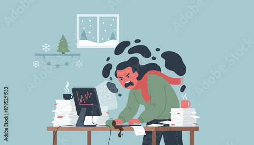 Angry professional experiencing burnout and work crisis during the stressful winter holiday season