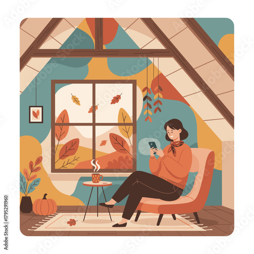 Autumn leisure Woman enjoys a cozy loft checking her phone while sipping coffee