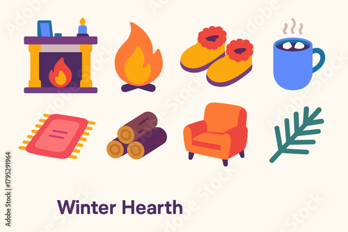 Cozy Winter Icons. Winter Hearth flat icons: mantel decor, glowing flame, wool slippers, cocoa mug, rug, log stack, armchair, pine branch.