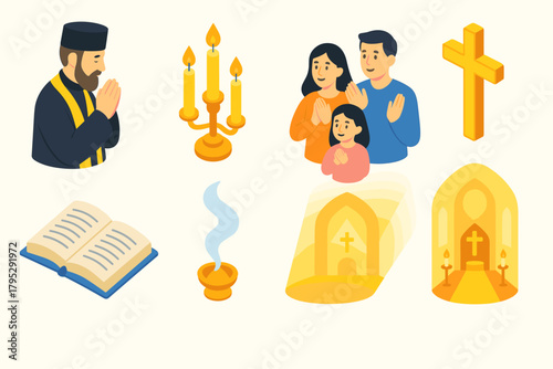 Orthodox Faith Icons. Orthodox New Year Faith & Gratitude flat icons: priest in prayer, altar candles, grateful family, golden cross, open bible, incense smoke, church interior.