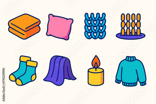 Comfort Icons Collection. Soft Comfort Layers flat icons: blanket fold, pillow corner, knit pattern, rug fibers, fuzzy socks, draped fabric, candle flame, sweater sleeve.