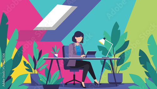 Woman using tablet in a vibrant plantfilled home office Remote work and productivity concept