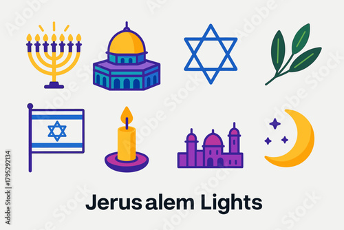 Jerusalem Iconic Symbols. Jerusalem Lights flat icons: menorah glow, Dome of the Rock, star, olive leaves, flag, candlelight, skyline, moon.