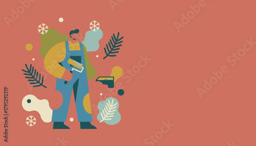 Professional painterworker in overalls with roller and winter decor Home renovation vector concept