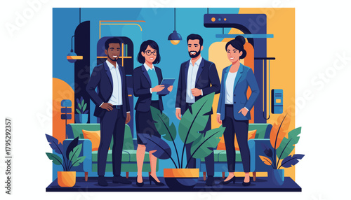 Diverse business team smiling confidently in a modern vibrant office lounge ready for collaboration