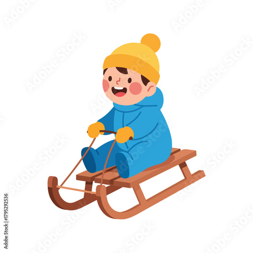 A happy cartoon boy in a blue snowsuit and yellow hat riding a wooden sled on a white background.