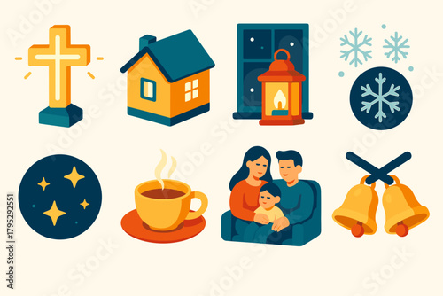 Orthodox New Year Icons. Orthodox New Year Peaceful Evening flat icons: glowing cross, peaceful home, lantern by window, snowflakes falling, night sky stars, cup of tea, resting.