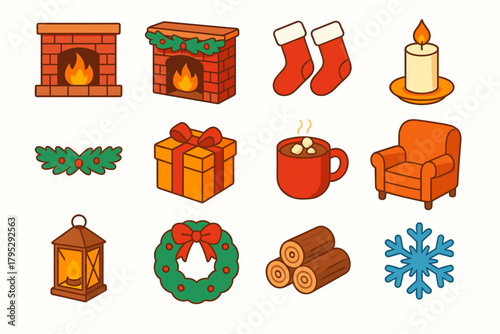 Cozy Christmas Icons. Christmas Cozy Fireplace flat icons: crackling fire, brick hearth, wool stockings, candlelight, pine garland, wrapped gift, hot cocoa mug, armchair, glowing.