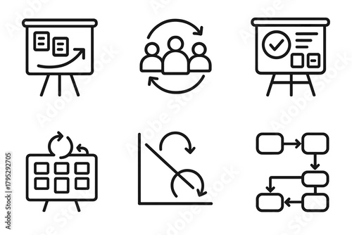 Scrum Process Icons. Scrum Process linear icons: sprint planning, daily standup, sprint review, retrospective board, burndown chart, workflow diagram.