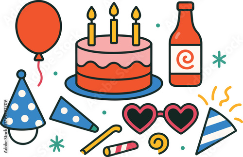 Vibrant Birthday Celebration Elements Flat Vector Party Icons on White