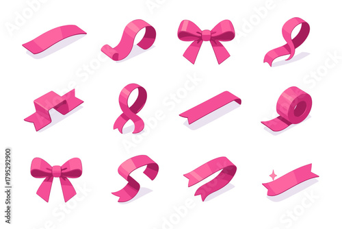 Satin Ribbon Icons. Satin Ribbons flat icons: smooth ribbon, curled edge, tied bow, elegant strand, folded silk, twisted loop, glossy strip, ribbon roll, knotted tie, fluttering.