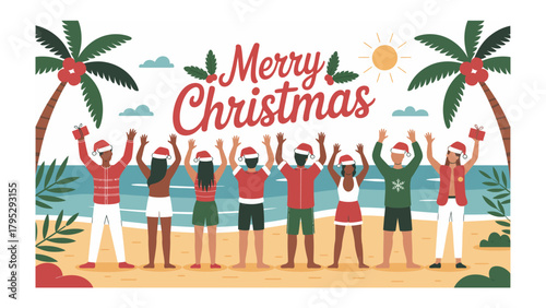 Merry Christmas Tropical Celebration: A diverse group of people, donned in festive attire, celebrates Christmas joyfully on a tropical beach. Palm trees and the sun enhance the cheerful atmosphere. 