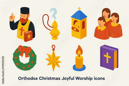 Orthodox Christmas Icons. Orthodox Christmas Joyful Worship flat icons: priest blessing, incense smoke, bell tower ringing, choir robes, festive wreath, star ornament, candle flame.
