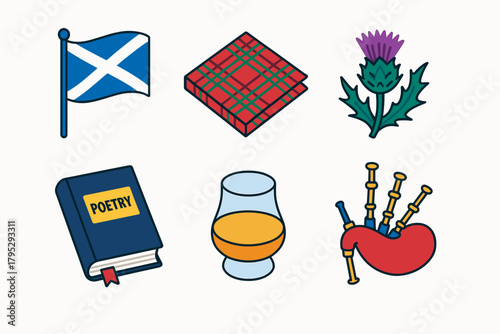 Scottish Cultural Icons. Burns Night Cultural Pride flat icons: Scottish flag, tartan pattern, thistle, poetry book, whisky glass, bagpipes.