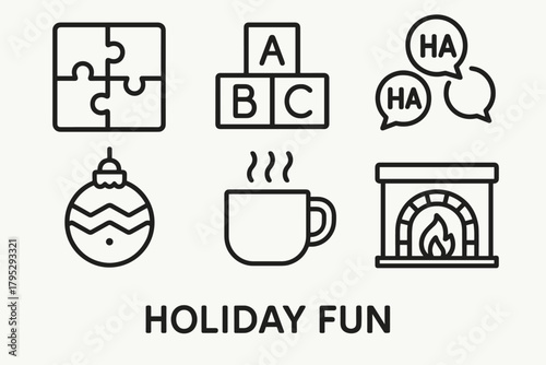 Holiday Symbol Puzzle. Holiday Fun linear icons: jigsaw puzzle, toy blocks, laughter bubbles, ornament ball, cocoa cup, fireplace glow.