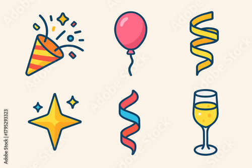 Festive Icon Set. Festive Energy flat icons: confetti burst, balloon, ribbon swirl, sparkling star, bright streamer, champagne glass.