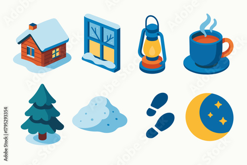 Winter Isometric Icons. Winter Peaceful Solitude flat icons: snowy cabin, frosted window, lantern glow, cup of tea, pine tree, soft snow, footprints, moonlight.