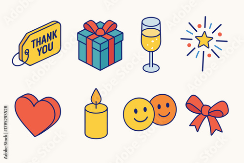 Festive Celebration Icons. Festive Thanks & Kindness flat icons: thankyou tag, wrapped present, champagne flute, fireworks, heart, candlelight, smiling faces, ribbon bow.