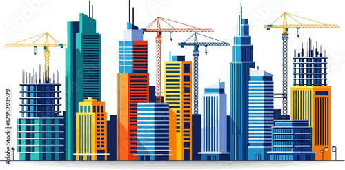 Modern Cityscape with Tall Skyscrapers and Construction Cranes - Urban Development and Architectural Progress