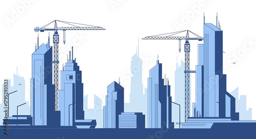 Vibrant urban landscape development with a modern city skyline featuring towering buildings and active construction cranes under a clear sky