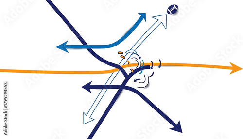 Abstract representation of a team's offensive football strategy, illustrating a complex play from the playbook with dynamic motion