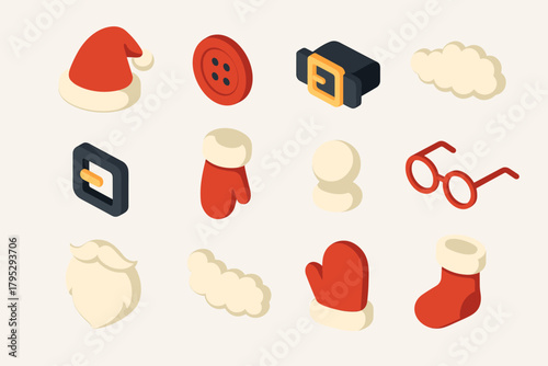 Santa Outfit Icons. Santa’s Outfit flat icons: red hat, coat buttons, black belt strap, fluffy trim, boot buckle, glove cuff, hat pompom, glasses frame, white beard, fur hem, red.