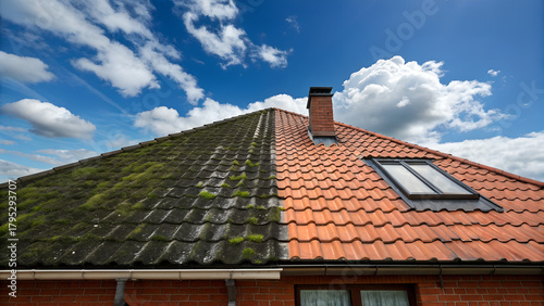 A half cleaned house roof shows the before and after effect of a roof cleaning.