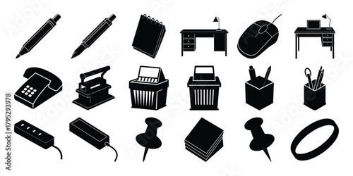 Office icon set. set of office icon. office silhouette icon. Collection of black and white isometric office supplies and stationery items on a white background