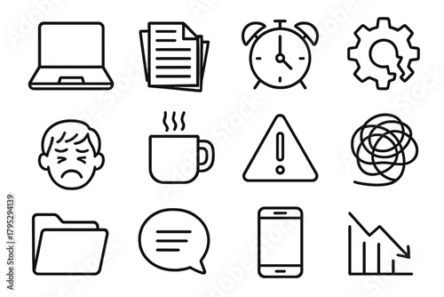 Work Stress Icons. Work Frustration linear icons: laptop, document pile, alarm clock, broken gear, stressed face, coffee cup, exclamation sign, tangled wire, folder, sigh bubble.