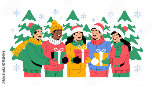 Festive Friendship: A heartwarming gathering of diverse friends, exchanging gifts amidst a snowy winter scene, capturing the spirit of joy and togetherness during the holiday season.