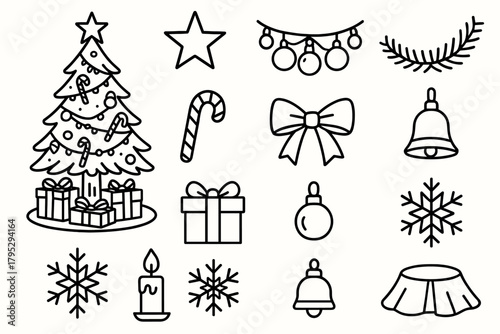 Christmas Icon Display. Christmas Tree Display linear icons: tall pine tree, star topper, colorful ornaments, string lights, tinsel garland, candy canes, wrapped presents, ribbon.