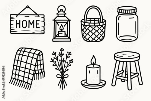 Rustic Home Icons. Rustic Home Decor linear icons: wooden sign, lantern, woven basket, mason jar, plaid throw, dried flowers, candle, stool.