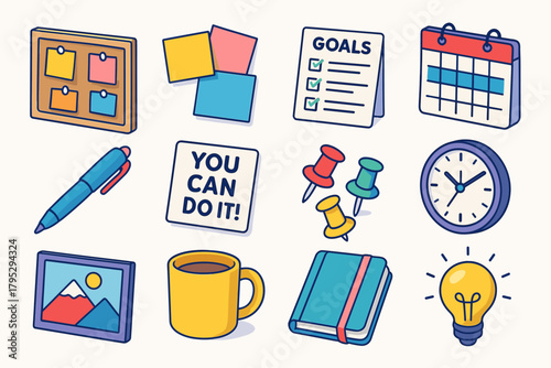 Organized Inspiration Icons. Resolution Board flat icons: corkboard, sticky notes, goal checklist, calendar, pen, motivational quote card, thumbtacks, clock, vision photo, coffee.