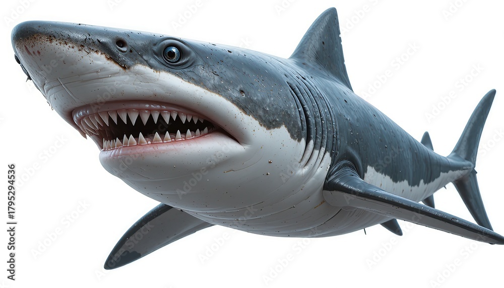 Fototapeta premium A high-resolution realistic great white shark image featuring sharp details, lifelike textures, and a dynamic swimming pose. Perfect for educational content, marine life blogs, and wildlife design pro