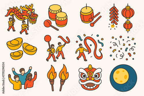Lunar New Year Icons. Lunar New Year Festival Parade flat icons: dancing dragon, rhythmic drums, firecrackers, red lanterns, golden ingots, street performers, waving ribbons.