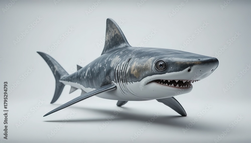 Naklejka premium A high-resolution realistic great white shark image featuring sharp details, lifelike textures, and a dynamic swimming pose. Perfect for educational content, marine life blogs, and wildlife design pro