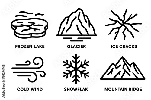 Arctic Icon Set. Frozen Arctic linear icons: frozen lake, glacier, ice cracks, cold wind, snowflake, mountain ridge.