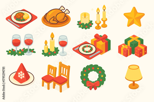 Festive Table Icons. Christmas Dinner Table flat icons: festive meal, roast turkey, candles, wine glasses, garland centerpiece, decorated plates, wrapped gifts, snowflake napkins.